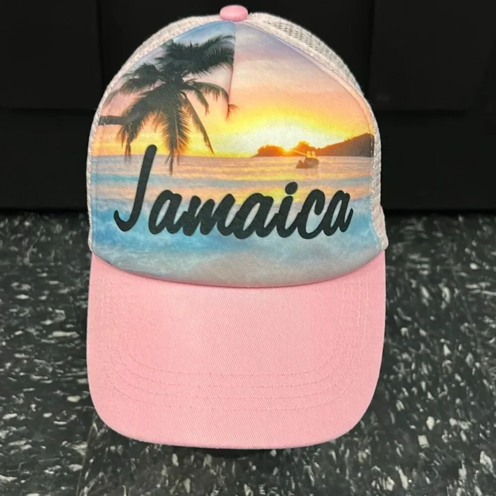 Jamaica Snapback Trucker Hat Pink White Sunset Palm Tree Beach One Love